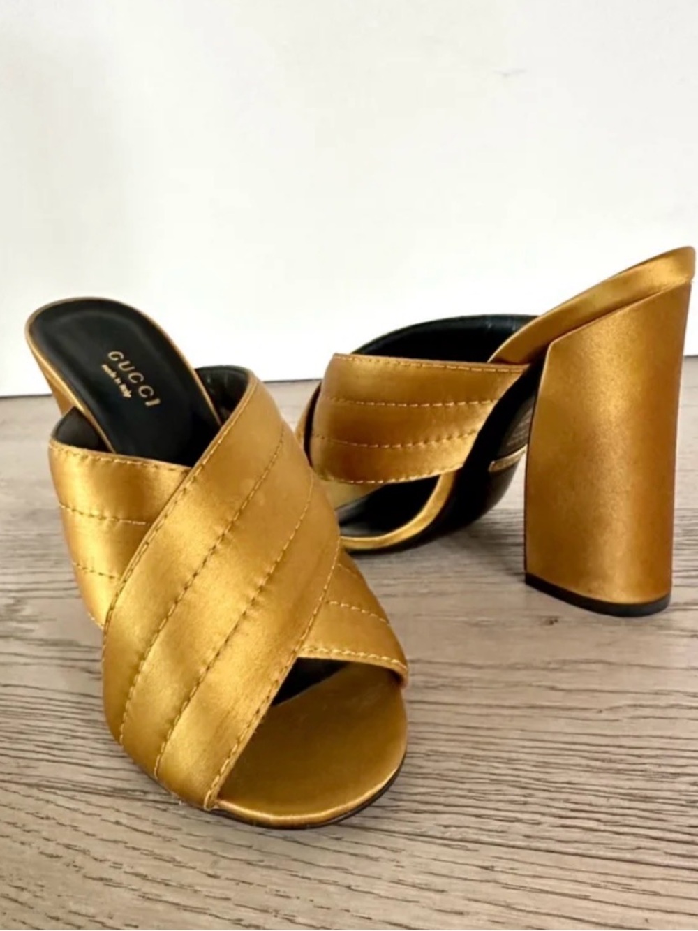 Gucci Gold Satin Block Heel Mule - Picture 5 of 6